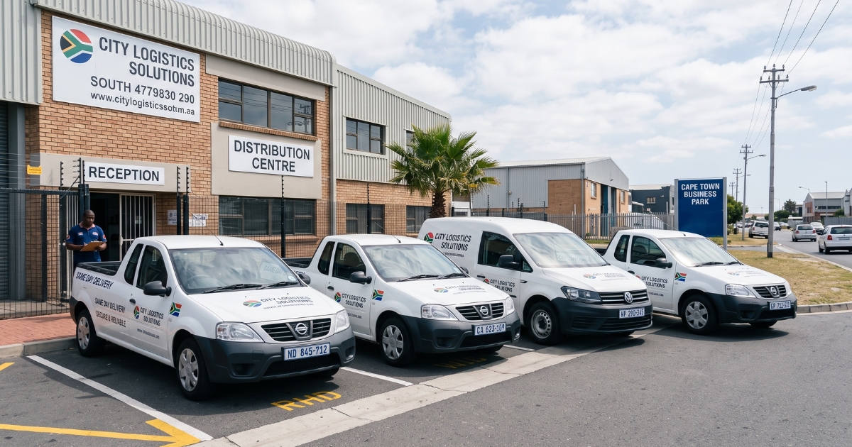 Fleet of four white company cards in front of offices.