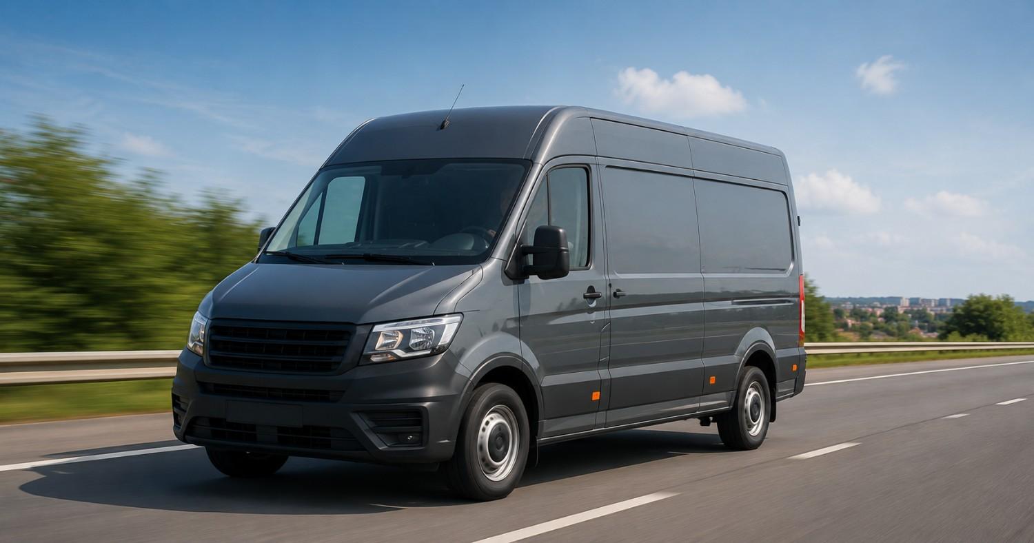 Grey commercial delivery van with business fleet insurance driving on a highway