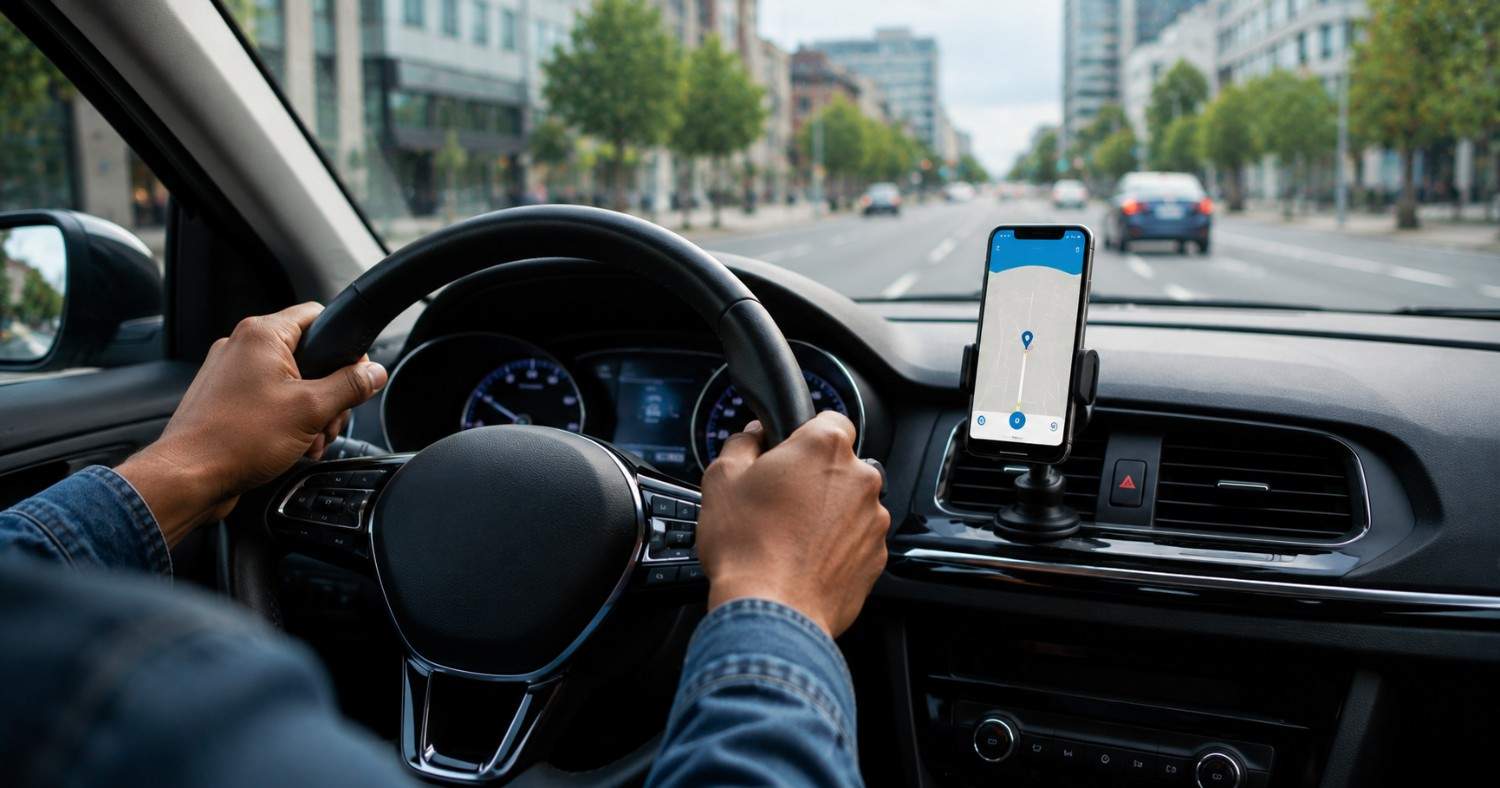 Driving a car through a city with a dashboard navigation app open. Uber insurance South Africa guide.