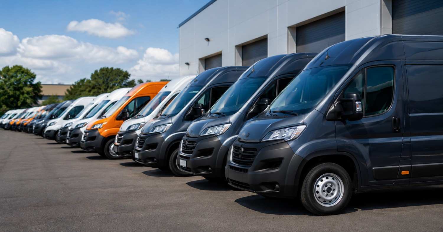 Row of commercial vans parked at a warehouse. Complete guide to fleet insurance South Africa.