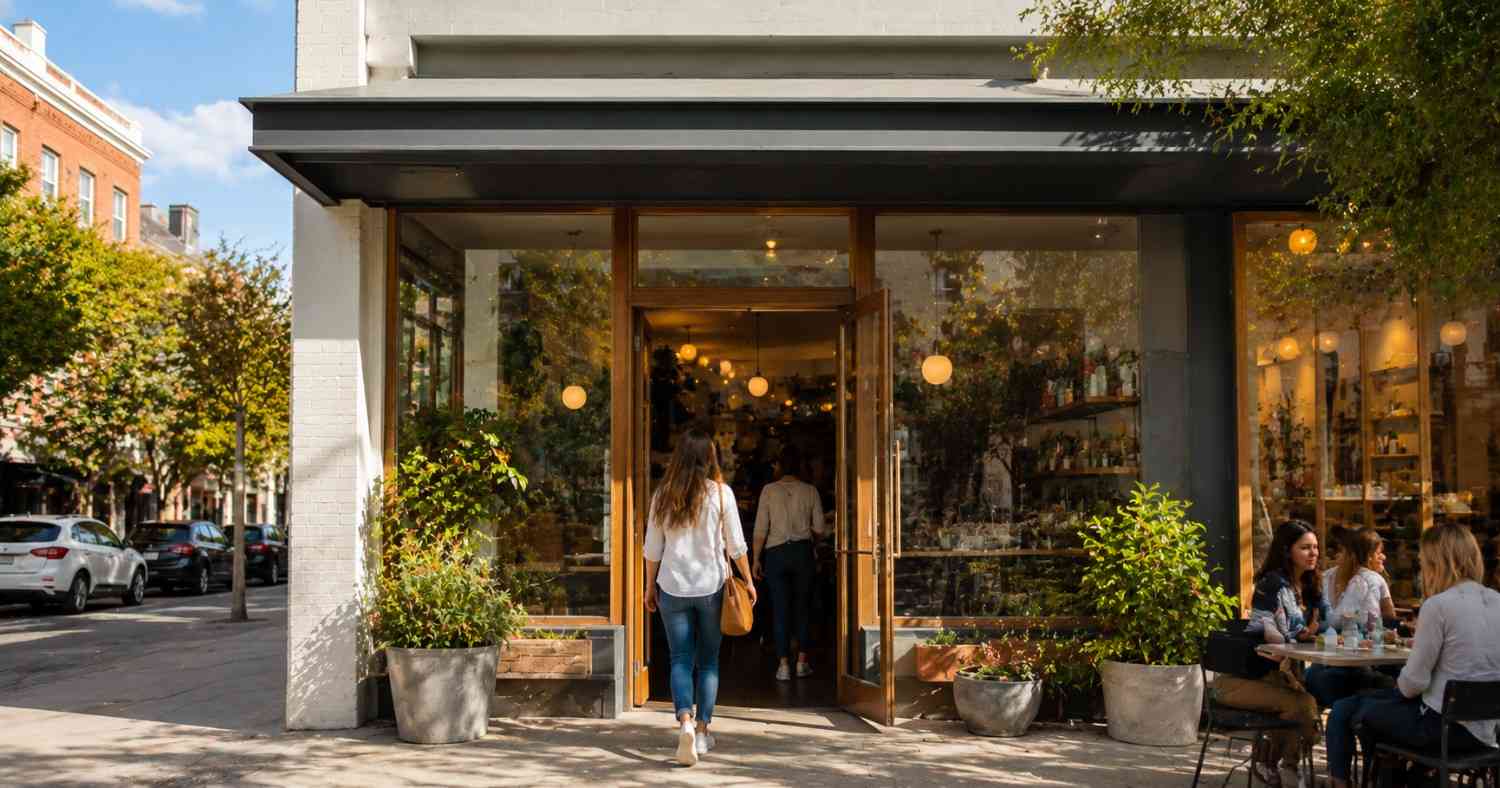Customers entering a busy storefront with outdoor seating. Public liability insurance South Africa guide.