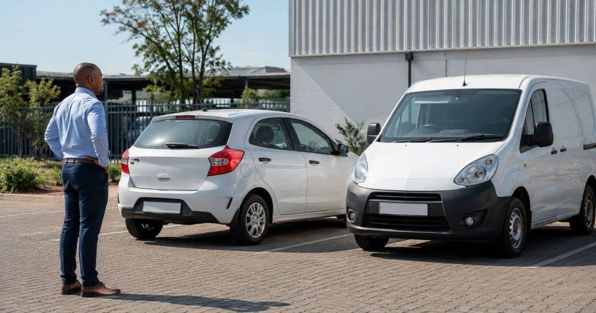 Business Fleet Insurance What It Covers and Why Your Company Needs It Fleet of four white company cards in front of offices.